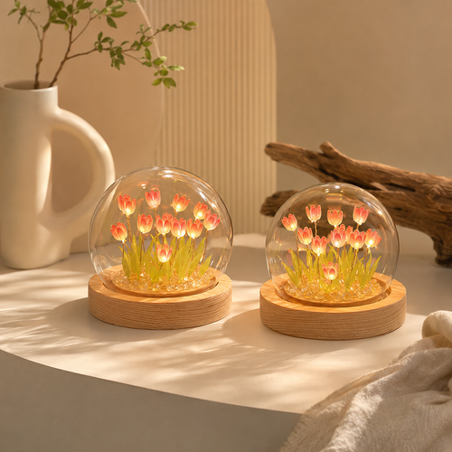 Tulip Glass Dome Night Light – Handmade Floral LED Lamp