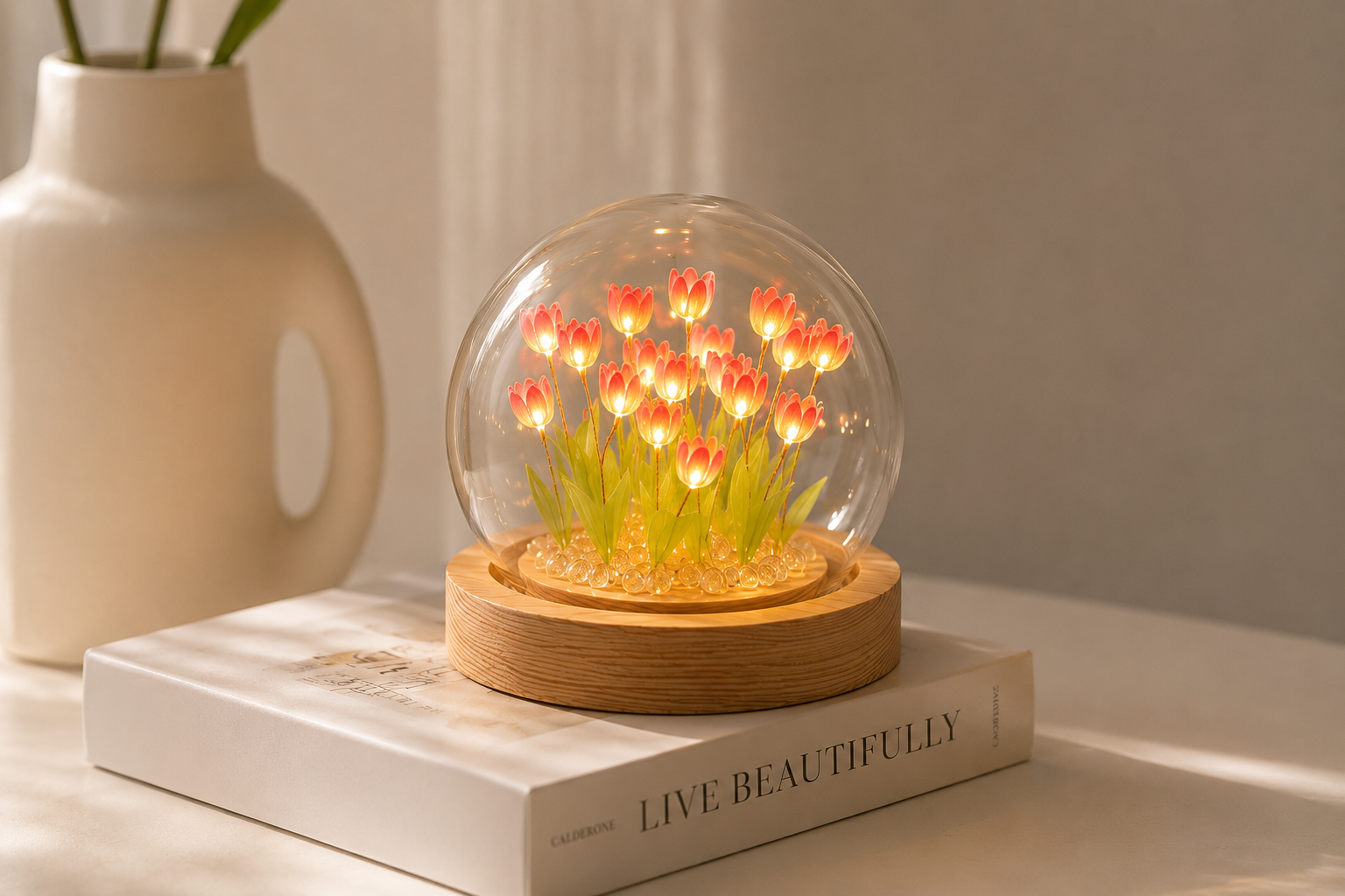 Tulip Glass Dome Night Light – Handmade Floral LED Lamp